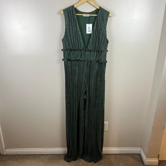 Showpo Armida Jumpsuit Size 12 Plunge Neckline Wide Leg Plisse Event Party Green - Picture 2 of 13